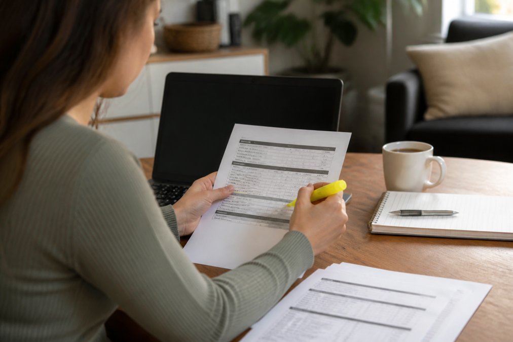 A person reviewing a credit report on a laptop at a clean desk, holding a highlighter to mark an error, with a cup of coffee nearby