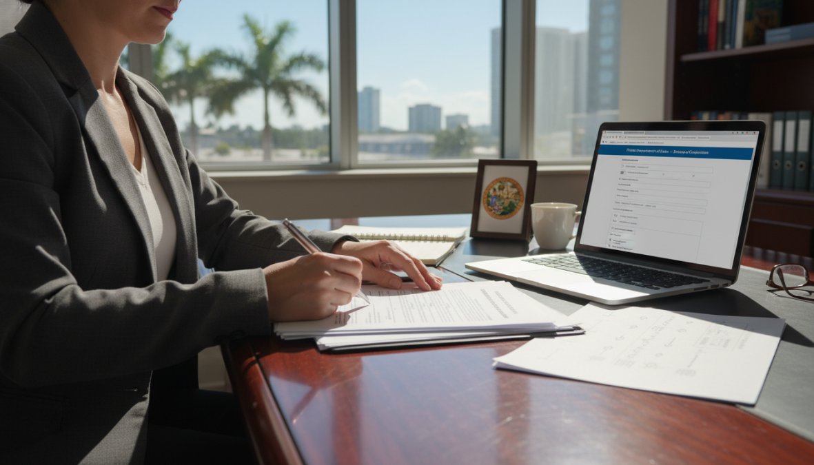 Business professional in a tailored suit sitting at a polished desk, reviewing multi-page official documents and signing with a pen, a laptop open showing a government website in the background, in a clean well-lit professional office with natural light from large windows