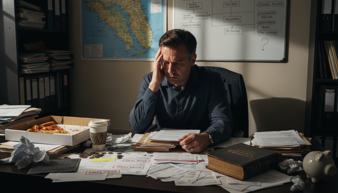 Concerned business owner in a small office environment sitting at a cluttered desk, reviewing a stack of official legal notices and financial documents with a focused and stressed expression, overhead fluorescent lighting casting sharp shadows across the paperwork