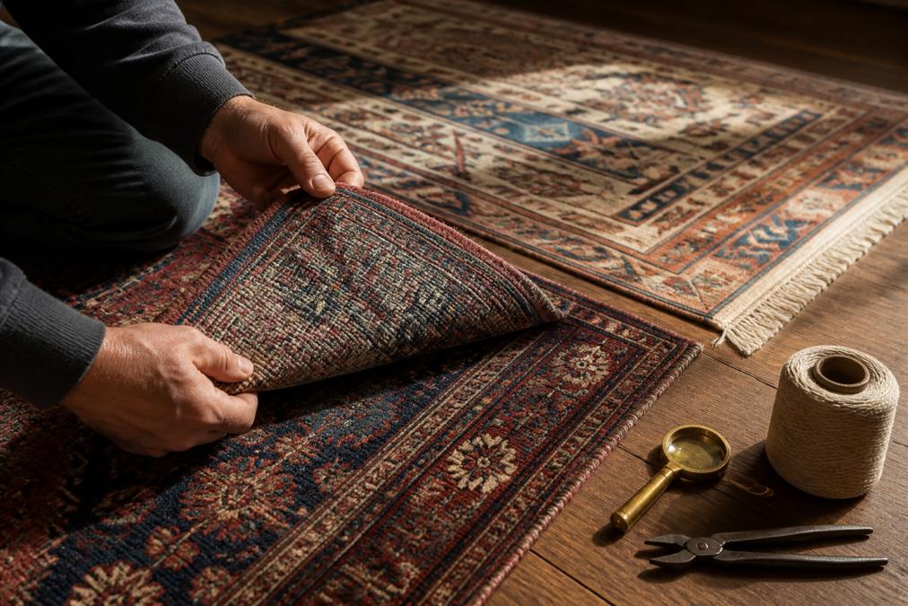 Close-up of a person's hands flipping over a handmade oriental rug on a wooden floor to reveal the knotted backside, with a flatweave kilim rug visible in the background under warm natural window light