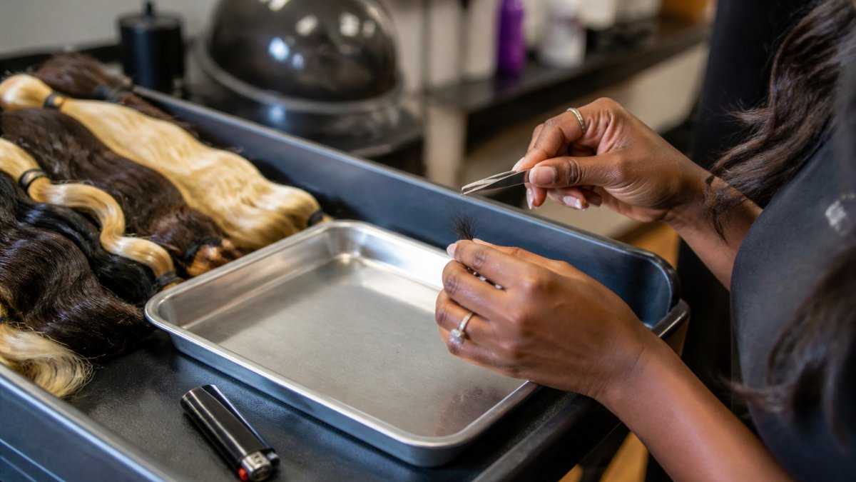 Hairstylist performing a burn test to identify synthetic vs human hair using tweezers and a lighter over a metal tray.