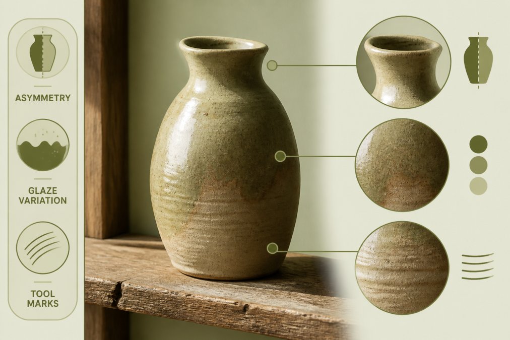 Close-up of a hand-thrown ceramic vase resting on a weathered wooden shelf, showing visible asymmetry, earthy glaze variations, and faint tool marks along the body, photographed in warm natural side-lighting