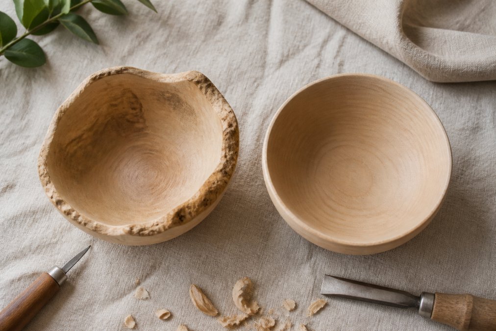 Flat lay of two decorative bowls on a neutral linen surface in soft diffused daylight, one visibly hand-carved with irregular edges and natural texture variation, the other perfectly smooth and uniform with machine-consistent form
