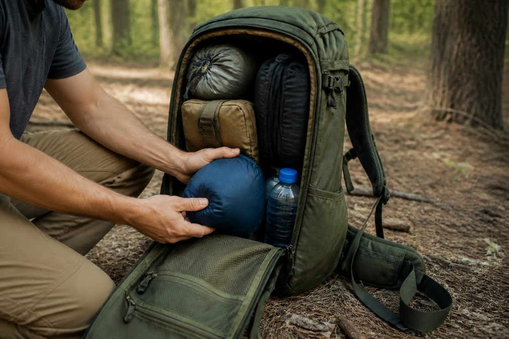 Close-up side view of an open backpack showing hands placing a sleeping bag and water bottles into the lower and middle compartments, with dense gear positioned against the back panel