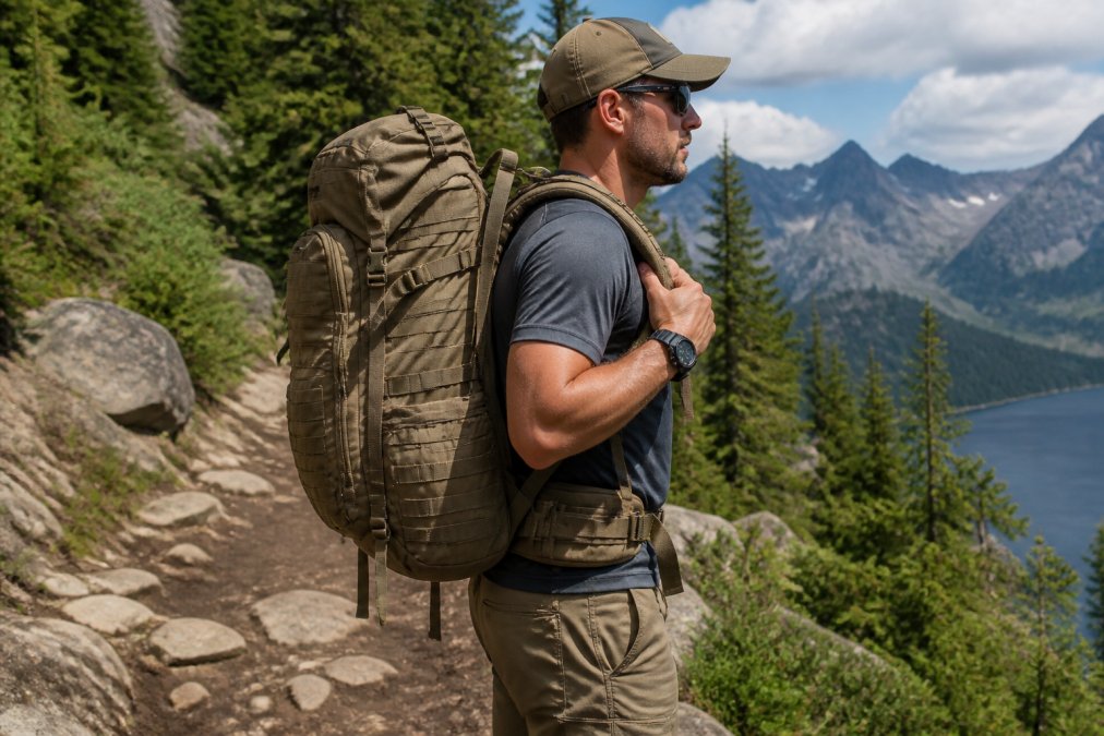 Hiker wearing a fully loaded tactical backpack on a mountain trail with proper strap positioning, hip belt snug at waist level, shoulder straps fitted correctly, and load lifters at proper angle