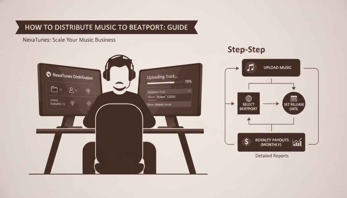 Music producer at a desk with dual monitors displaying a music distribution dashboard, headphones around neck, focused on uploading tracks and reviewing metadata