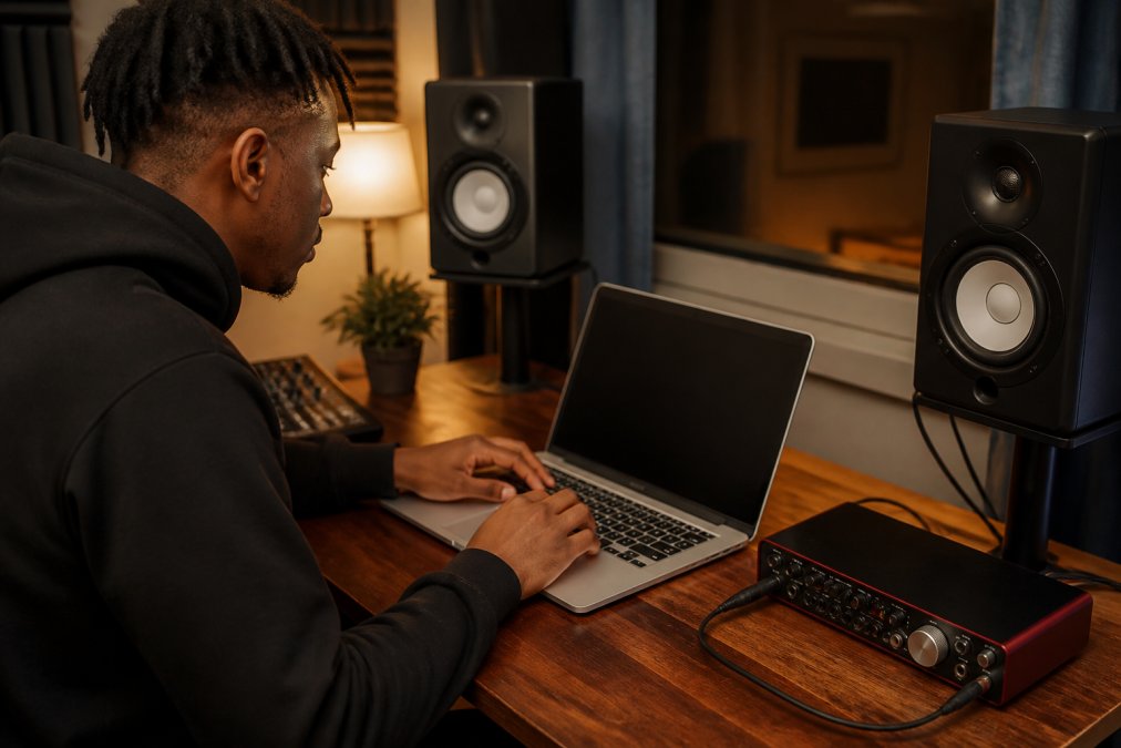 Musician uploading a track on a laptop in a home studio, audio interface and studio monitors visible, warm evening lighting