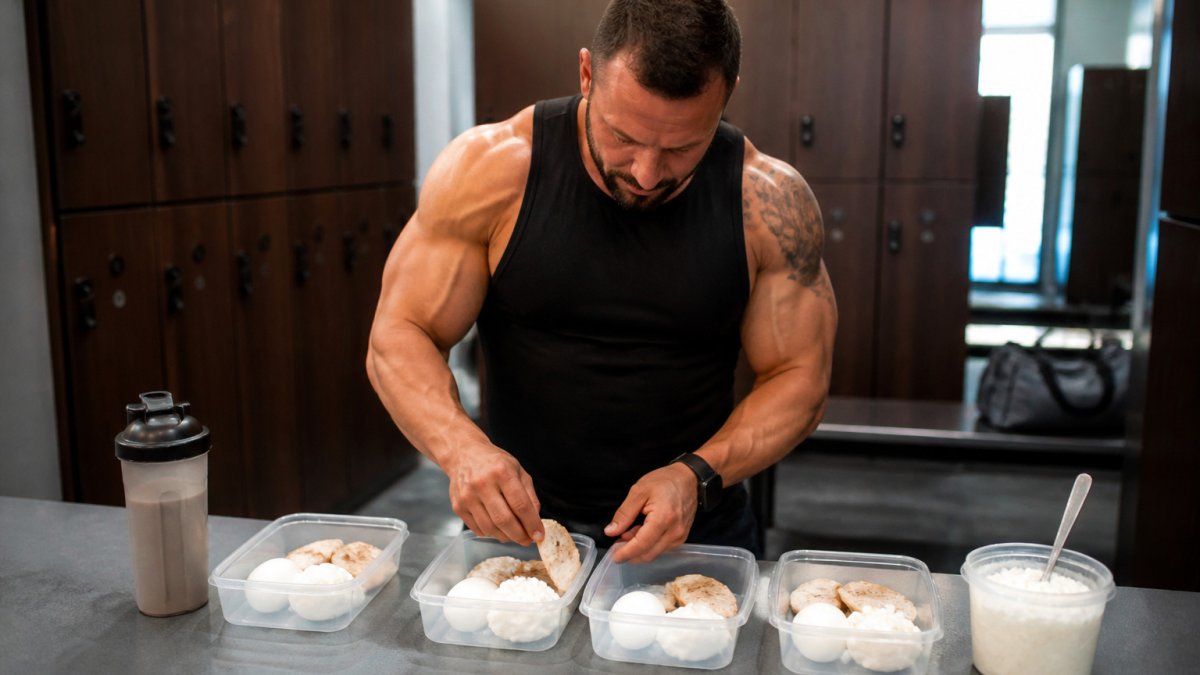 Lifter preparing meal prep containers with chicken, eggs, yogurt, and a protein shake in a gym locker room