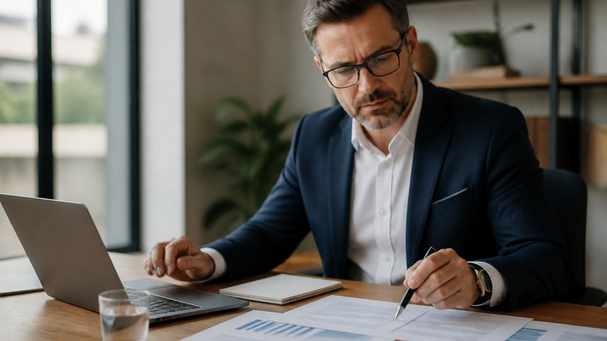 Professional reviewing investment documents and laptop to learn how to diversify an investment portfolio.