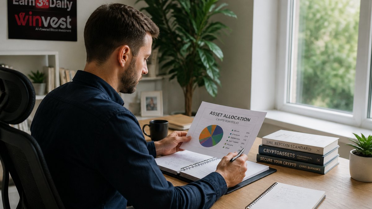 Professional investor reviewing a diversified crypto portfolio on multiple screens displaying various digital assets and market data in a modern home office with natural lighting
