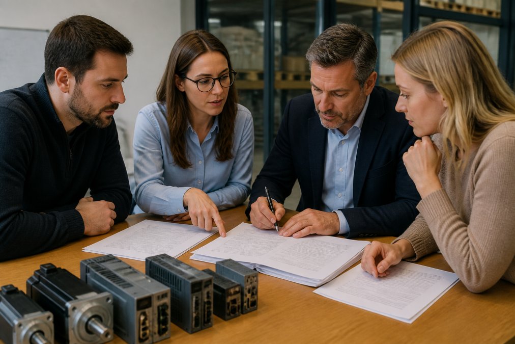 Team of supply chain professionals collaborating around a table with supplier contracts and logistics documentation