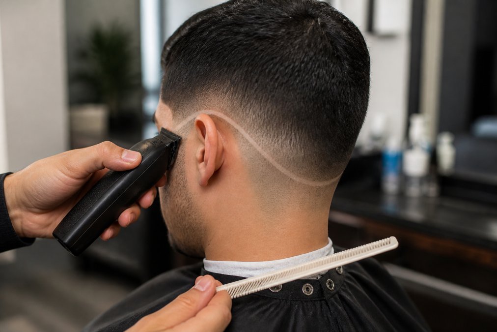 Close-up of a barber's hands holding clippers to create the curved bald guideline behind a client's ear, with a fade comb resting on the client's shoulder