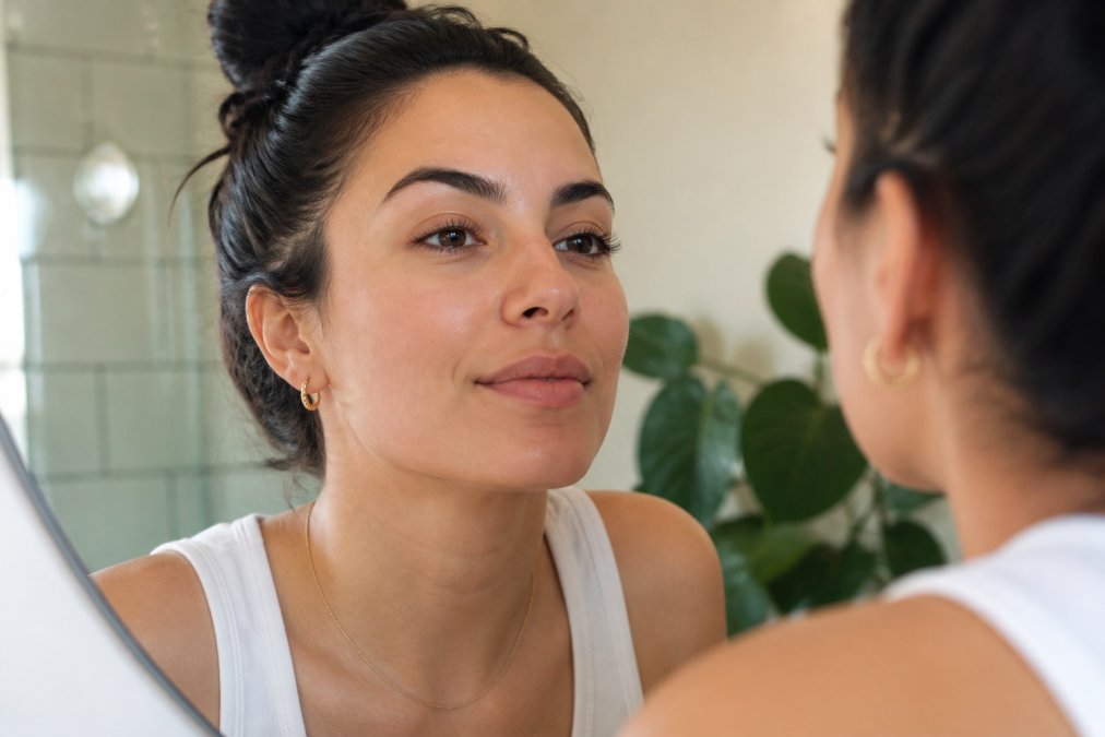 Woman with freshly lifted, beautifully curled lashes looking in mirror with natural lighting, showing healthy lash appearance and defined curl