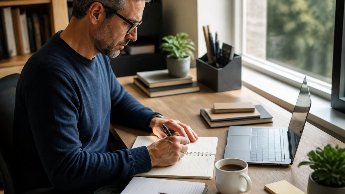 A professional at a tidy desk with a laptop, paper notebook, and coffee, reviewing tasks and a calendar in a calm home office, natural window light