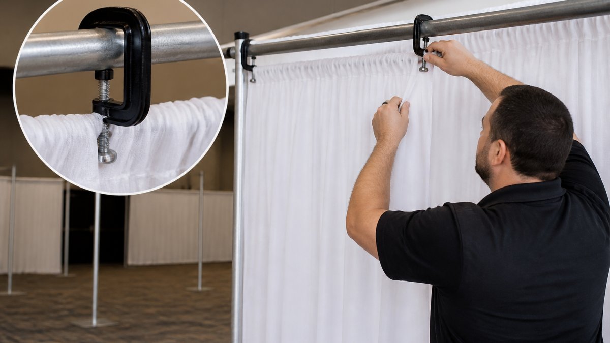 Professional installer attaching fabric to crossbar with C-clamps, demonstrating proper tension and fabric positioning technique with close-up detail of hardware and fabric alignment