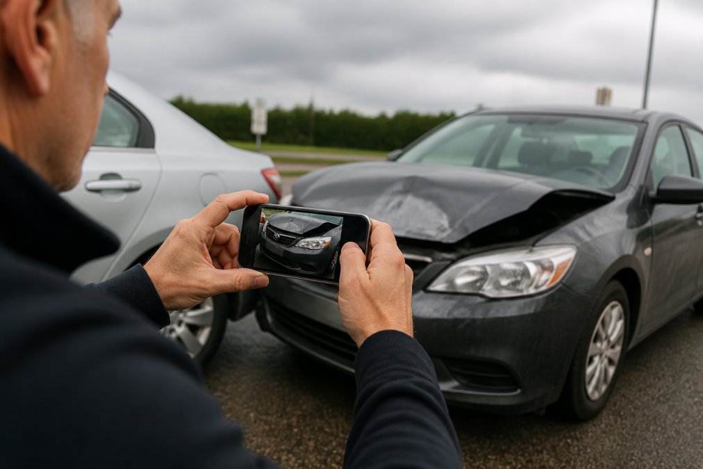 Person using a smartphone to photograph a damaged car bumper to learn how to document a car accident for insurance purposes