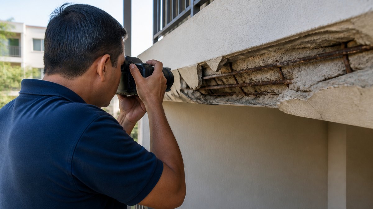 Professional inspector photographing balcony structural damage with digital camera, capturing close-up details of cracked concrete and exposed rebar, natural daylight illuminating the defects