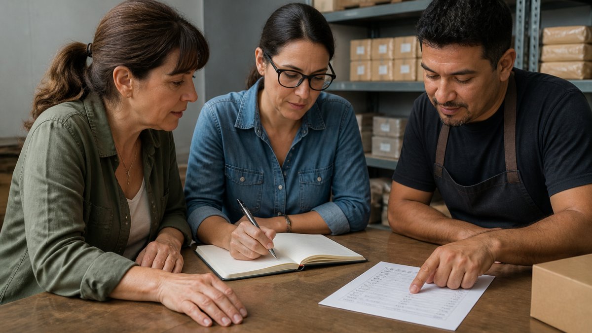 A small business owner sitting with two staff members at a table, notebook open, asking questions and taking notes while one employee points at a printed checklist