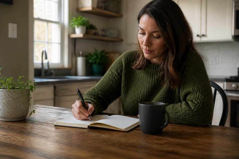A person tracking symptoms in a journal to support chronic pain documentation during their daily routine.