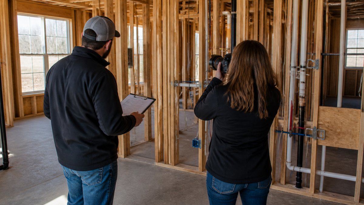 A builder and homeowner standing in an open-framed room before drywall, one holding a clipboard checklist and the other framing a shot with a camera, exposed studs, wiring, and plumbing visible behind them, soft daylight through window openings