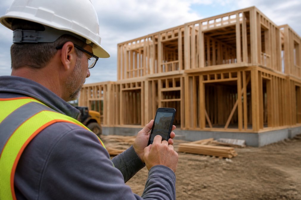Inspector reviewing geotagged construction progress photos on a smartphone at a building site.