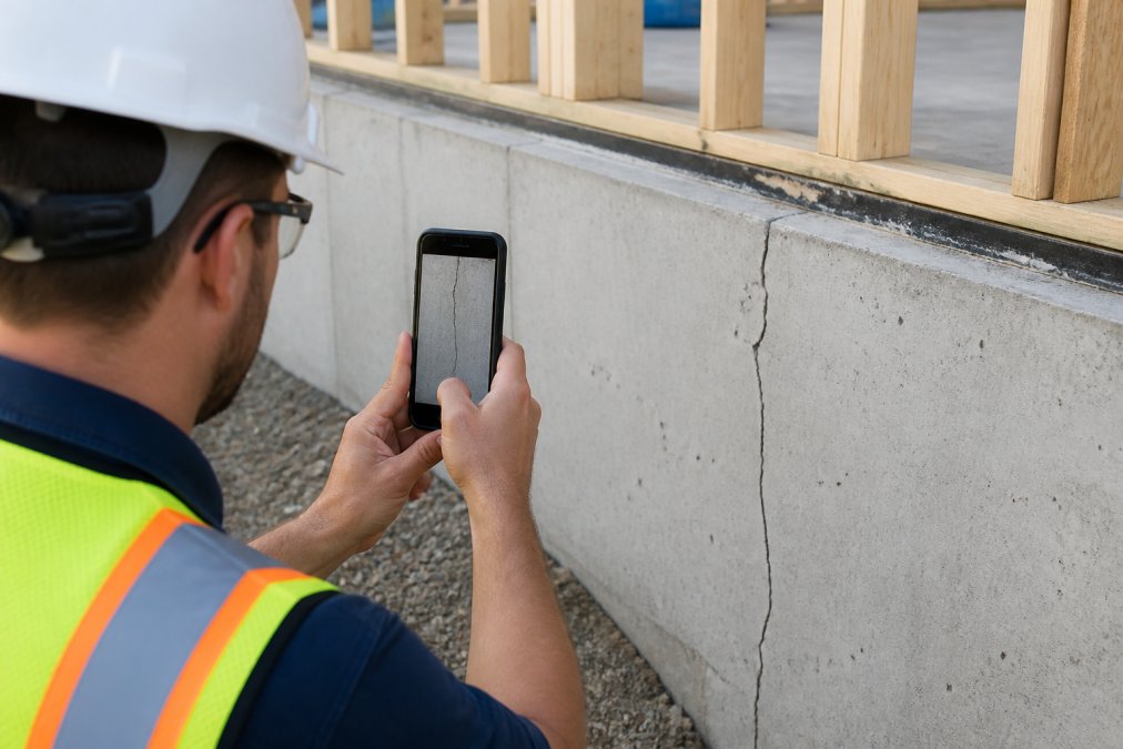 Field inspector holding a smartphone running a mobile documentation app, photographing a visible crack in a concrete foundation wall during a construction site inspection, natural outdoor lighting
