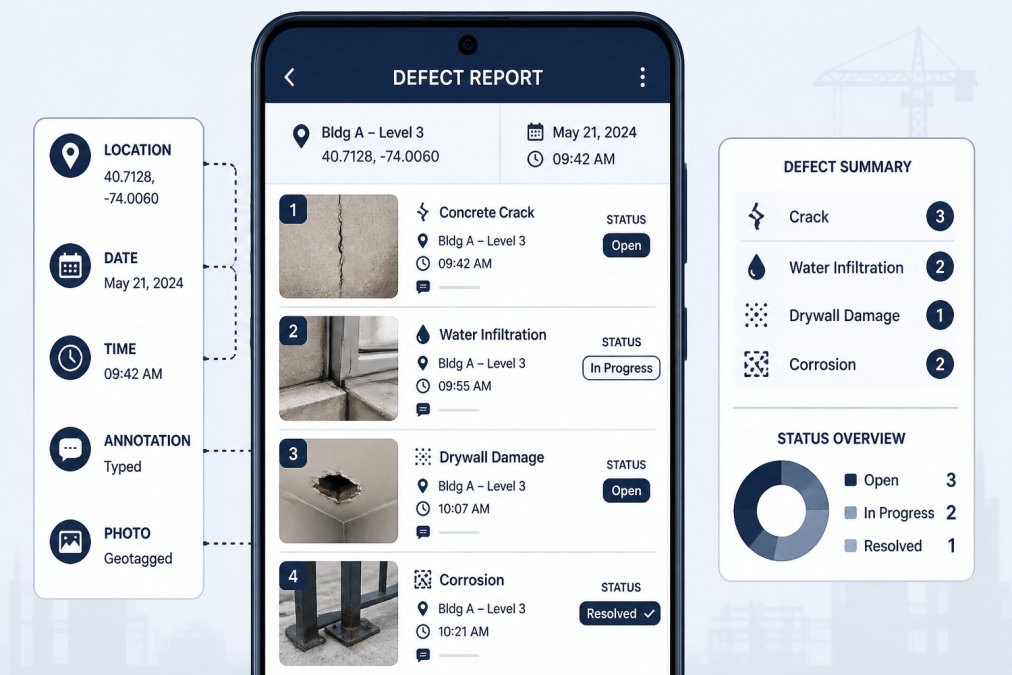 Close-up smartphone screen displaying a structured field report with geotagged construction defect photos organized by location, timestamps, and typed annotations visible, showing organized defect categories and remediation status