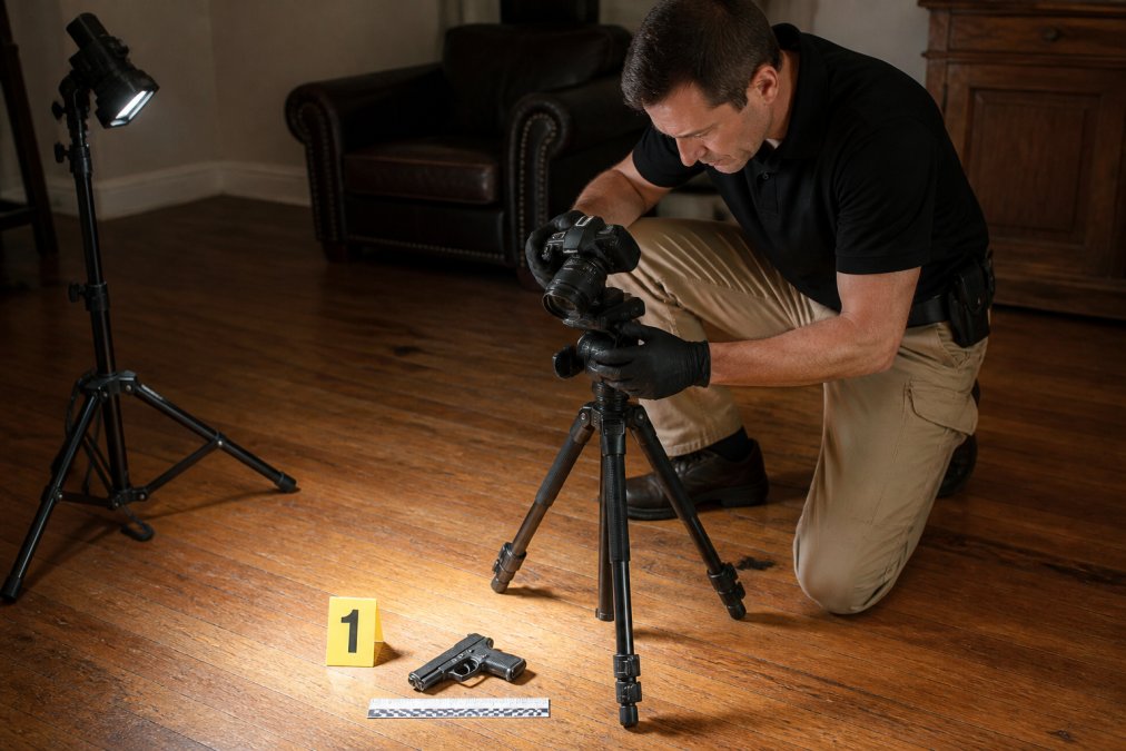 Investigator photographing evidence at crime scene with scale marker positioned parallel to item, using tripod-mounted camera and controlled side lighting to reveal texture and surface detail