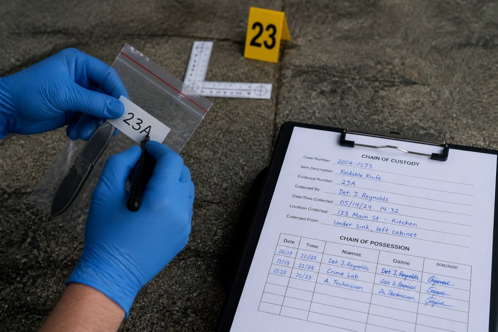 Close-up of investigator's hands labeling evidence item with numbered tag and chain of custody form visible on clipboard, showing proper documentation procedure with legible handwriting