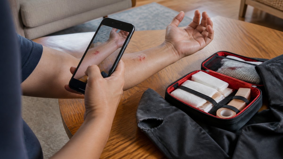A close-up of a person's hands holding a smartphone, taking a photo of a minor wound on their forearm, with a first aid kit and torn jacket sleeve visible on a table nearby in a home setting