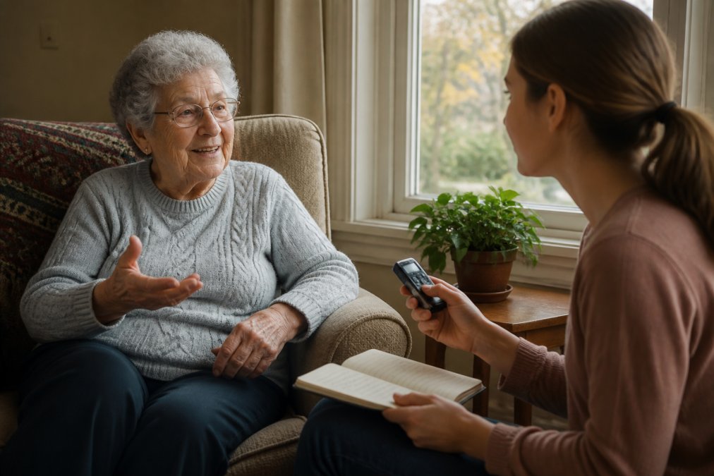 An older woman sitting in a cozy living room chair, smiling as she speaks to a younger family member who holds a small voice recorder and takes notes, warm afternoon light through the window