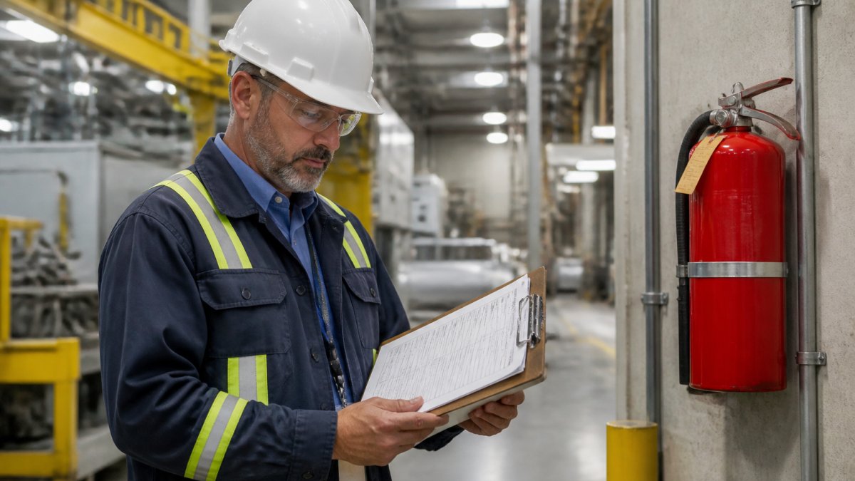 A safety manager in a hard hat reviewing a clipboard with training sign-in sheets at an industrial facility, a red fire extinguisher mounted on the wall behind them under overhead lighting