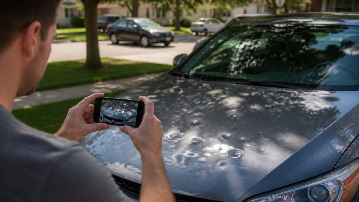 Vehicle owner standing safely at ground level photographing hail dents on a car hood and roof using a smartphone, capturing visible damage clearly in natural daylight