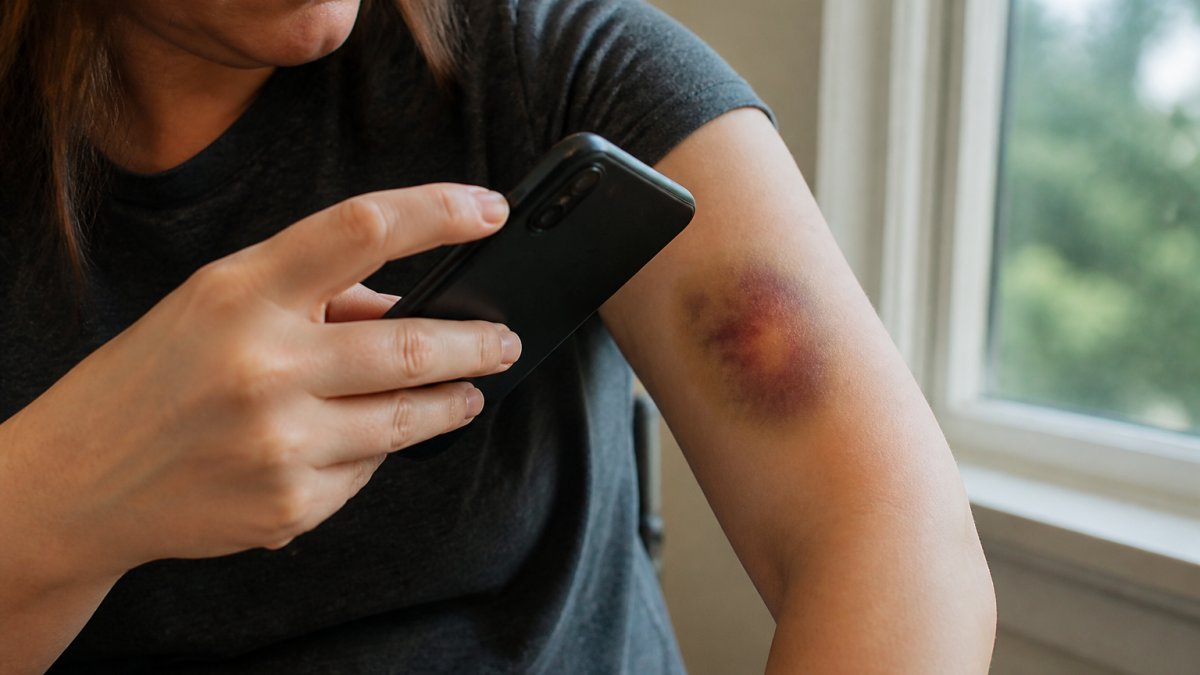 Person's hand holding a smartphone to photograph a visible bruise on their arm in natural daylight, showing proper lighting and angle for medical documentation