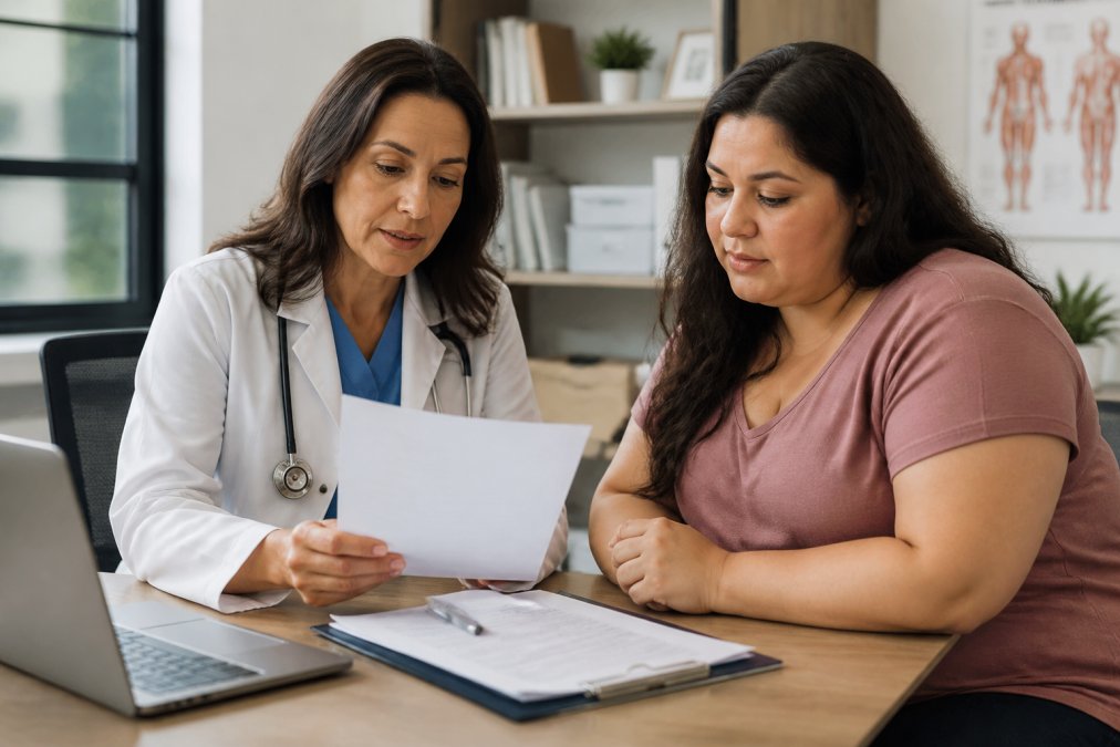 Healthcare provider and patient reviewing a letter of medical necessity together at a modern desk clinic