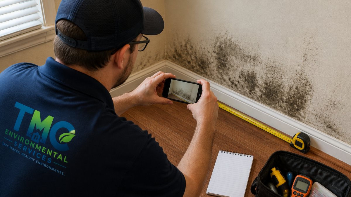 A homeowner using a smartphone to photograph dark mold growth along the baseboard of a water-damaged wall, with a tape measure laid against the wall for scale and a notepad nearby