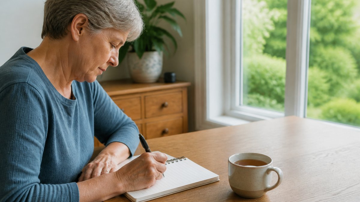 Person sitting at a table with a pen and notebook, writing notes about their symptoms, with a cup of tea nearby in natural lighting