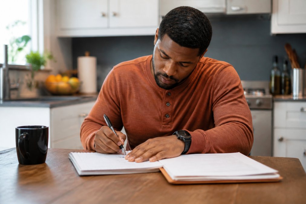 A person sitting at a kitchen table with a notebook, pen, and a folder of documents, carefully writing a progress report by hand