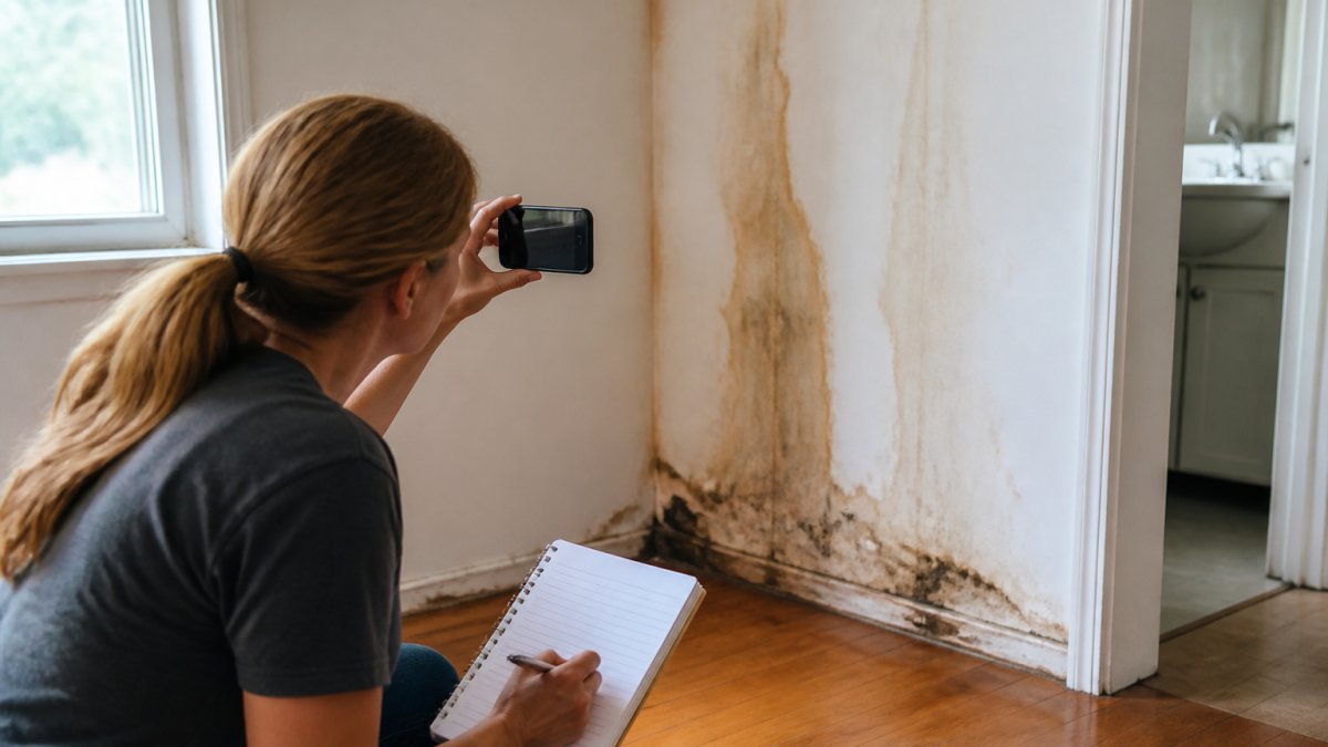 Homeowner using a phone to document plumbing repair needs by photographing water damage on a wall with notes