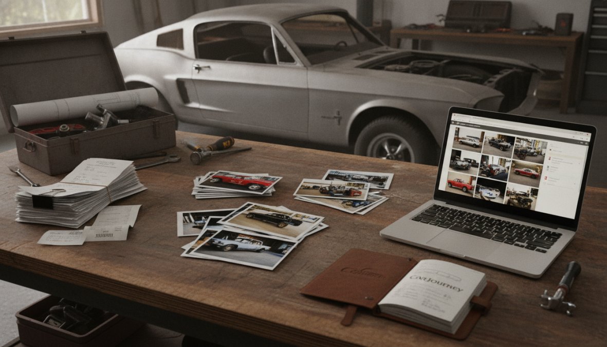 A project car during mid-restoration with organized documentation setup nearby, receipts and invoices spread on a workbench, a laptop displaying a build tracking interface, high-quality before/after photos pinned to a wall, tools and parts visible in the background, natural workshop lighting