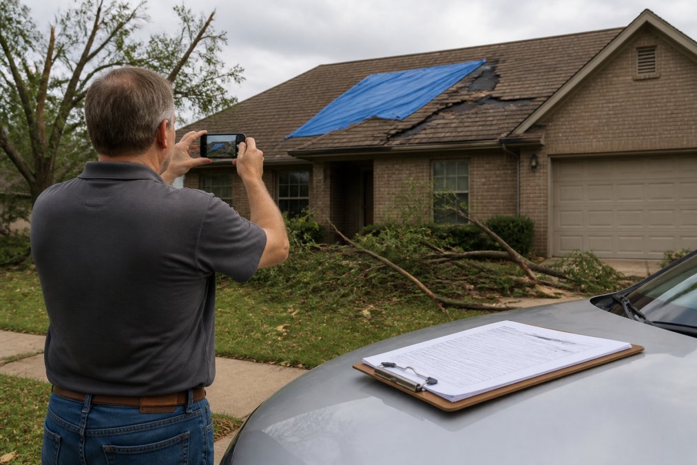 Homeowner using a smartphone to document roof damage and shingles for insurance claims while standing safely