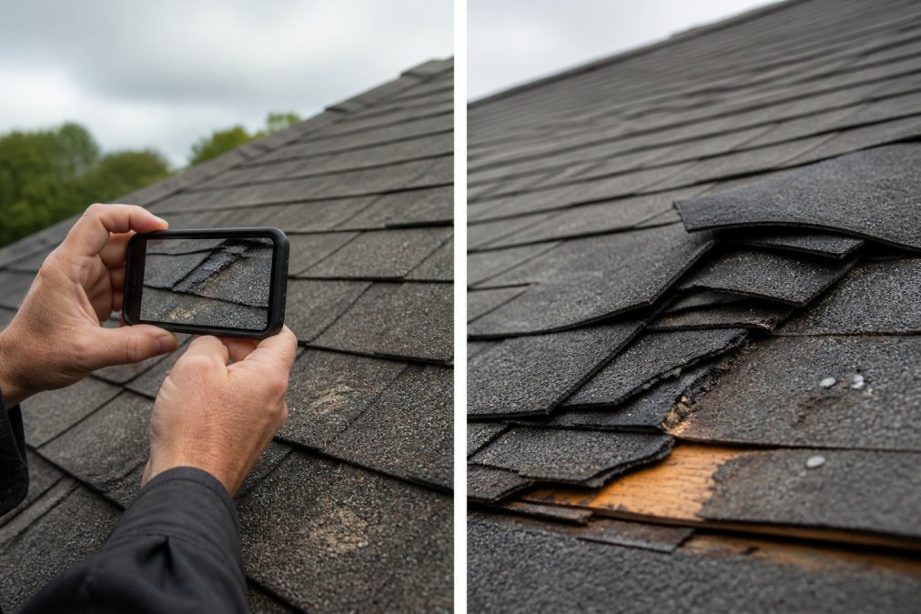 Close-up of a homeowner's hands holding a smartphone photographing damaged asphalt shingles with missing granules on a roof after a storm, overcast daylight