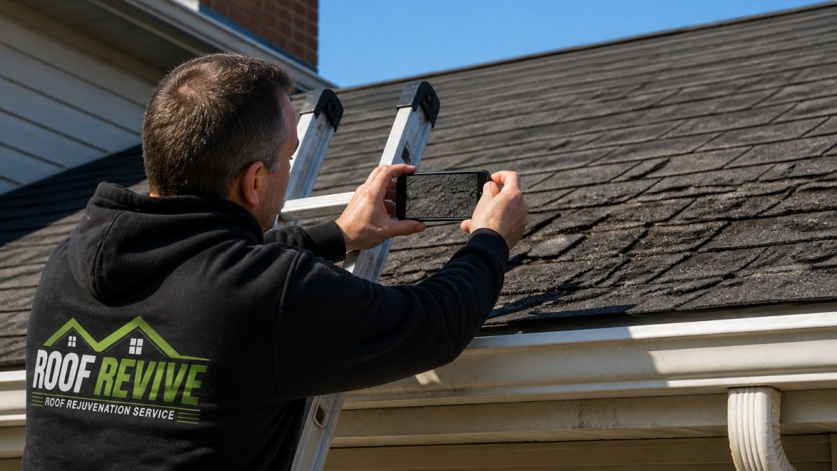 A homeowner on a ladder at the edge of an asphalt shingle roof holding a smartphone, photographing a section of worn shingles on a clear day