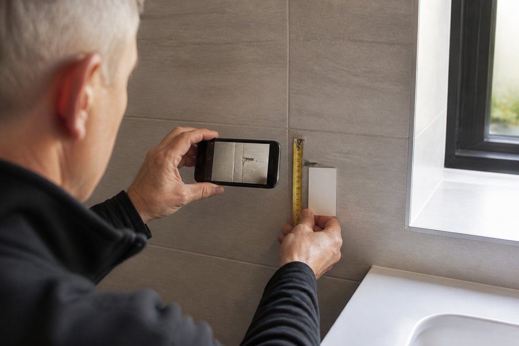Professional photographing a bathroom tile defect with smartphone while holding a measuring tape and reference card, with natural light from window illuminating the damage