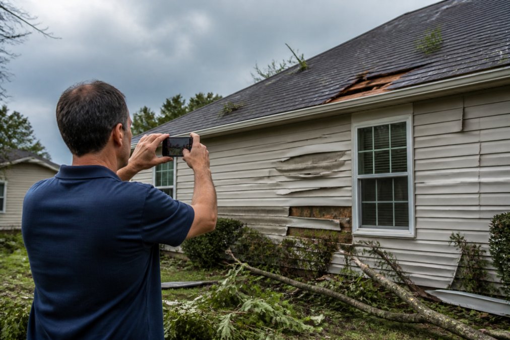 A homeowner standing outside their house holding a smartphone, photographing a section of damaged roof shingles and exterior siding after a storm, with debris visible on the ground and overcast skies above