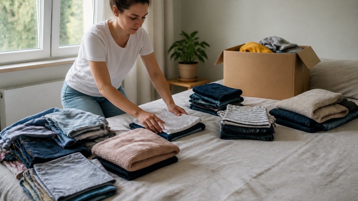 Person sorting and folding clean clothes on a bed, organizing items into separate piles by type and condition, with natural window lighting