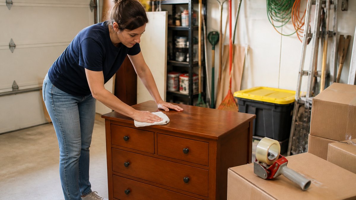 A person wiping down a wooden dresser with a cloth in a garage, with cardboard boxes and packing tape nearby, preparing furniture for donation