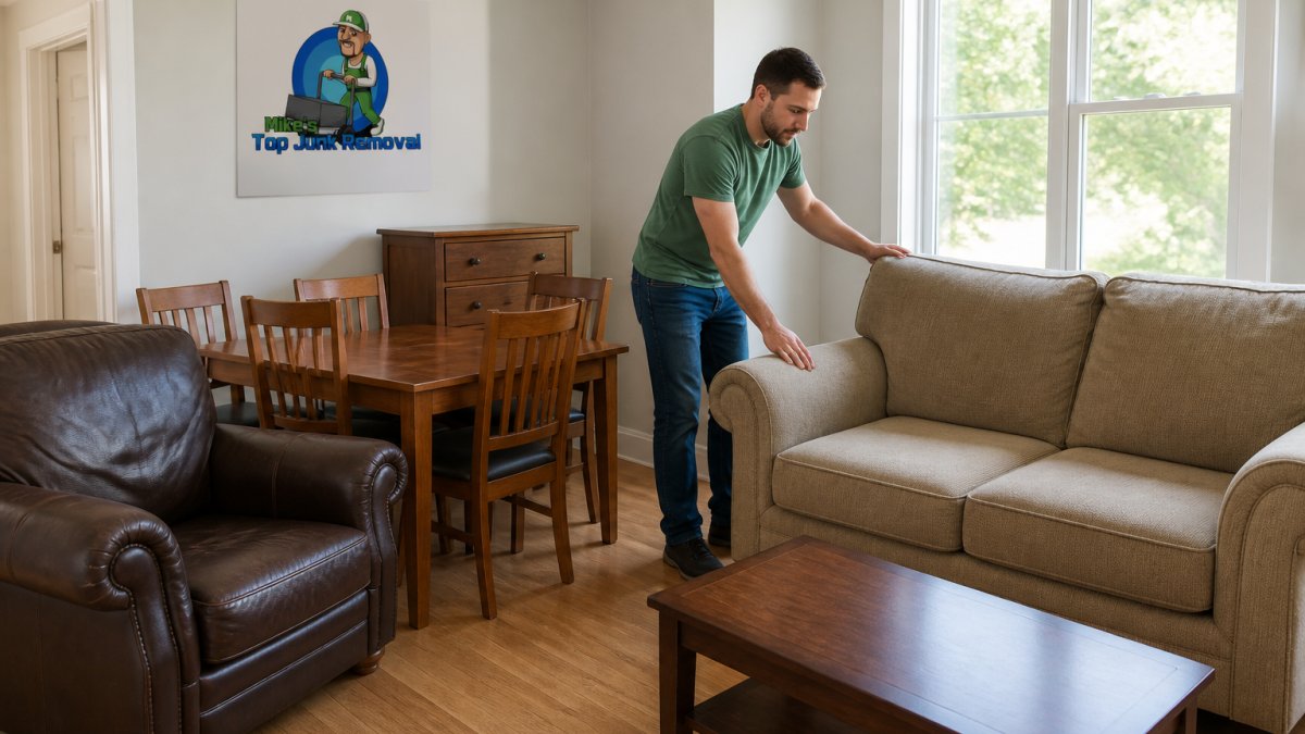Homeowner organizing and grouping furniture pieces in a living room, creating clear pathways and stacking items together for donation pickup, with natural daylight from windows