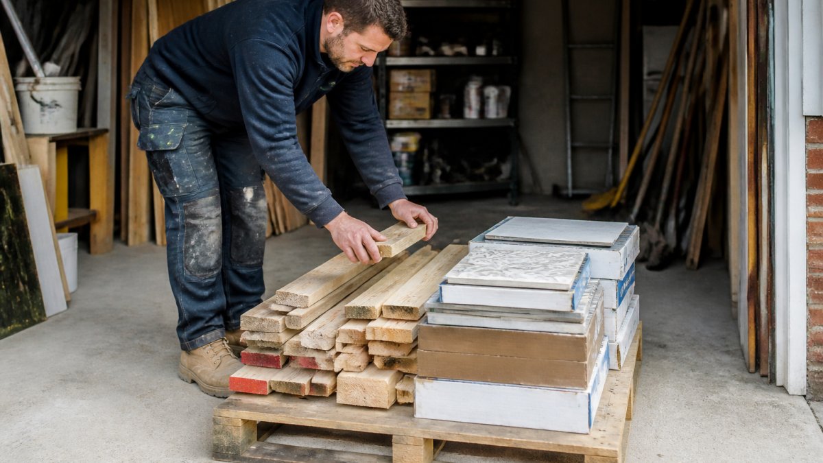 Person in work clothes stacking timber and boxed tiles on a pallet to prepare for donation