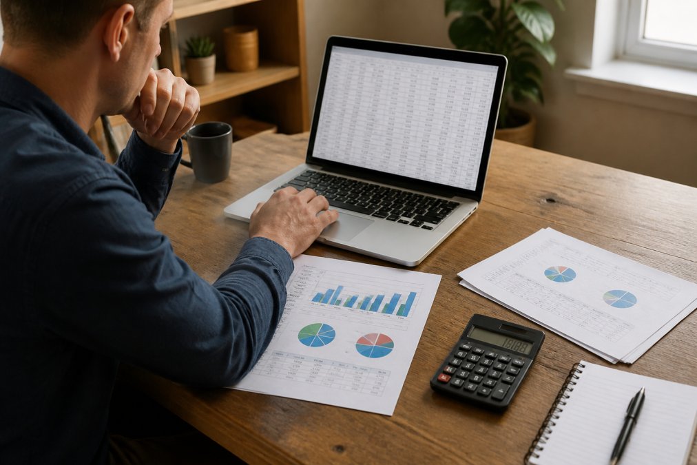 Business owner reviewing financial spreadsheets and sales data on a laptop at a wooden desk with printed reports, calculator, and notebook in natural office lighting